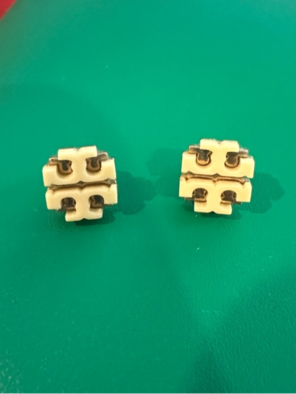Tory Burch Cream Enamel Double-T Logo Stud Earrings with Gold Accents